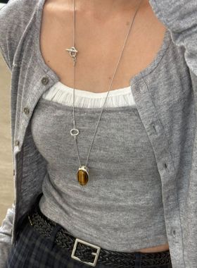 韩国小众设计ins椭圆虎眼石黑曜石ot扣长款项链百搭项链质感女