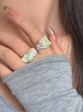 新中式绿色滴釉花朵蝴蝶戒指女多巴胺甜美小众设计感百搭食指戒子