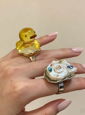 欧美风格天然贝壳镶钻戒指 ins复古高级感金属蜗牛海螺叠戴指环戒