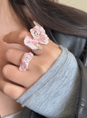 夏季多巴胺手工彩色珐琅滴油蝴蝶花朵指环戒温柔珠粉手绘金箔戒指