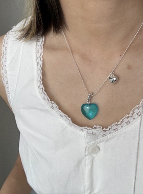 韩国ins博主同款清新小桃心个性抽拉银色项链水晶爱心彩色项链女