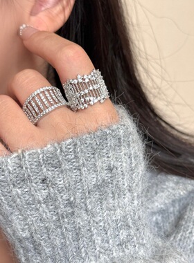 小众设计银色金属微镶锆石宽版开口叠戴戒指 高级感马蹄镶钻指环