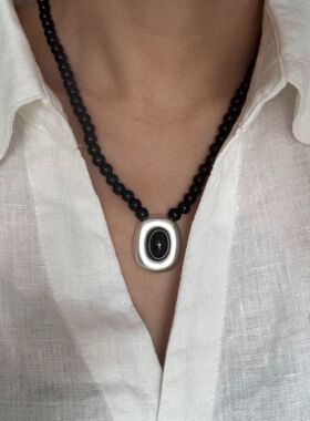 新中式经典黑色串珠手工亚银吊坠项链生生不息锁骨链百搭长款项链