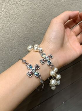 小众yk2复古宫廷彩钻十字架珍珠手链手串女独特个性中性风手饰