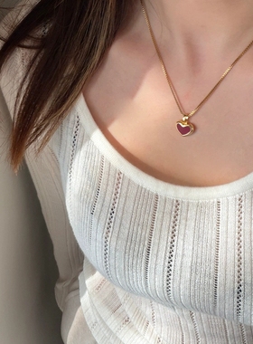 博主同款拉丝红色贝母项链双面锁骨链中古老钱轻奢新年配饰