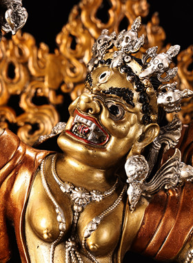 藏传黄铜鎏金银彩绘描脸护法玛哈嘎拉佛像居家佛堂供奉大摆件38cm