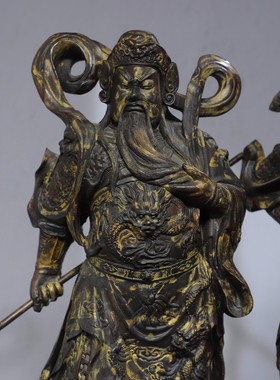 藏传黄斑铜鎏脱金彩绘韦陀关公菩萨佛像摆件居家堂供奉像一对60㎝