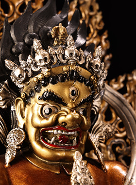 藏传黄铜鎏金银彩绘描脸护法玛哈嘎拉佛像居家佛堂供奉大摆件38cm