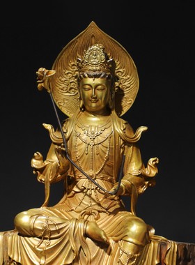 黄铜鎏金文殊普贤菩萨坐狮象持宝剑菩萨居家佛堂供奉摆件饰品46㎝