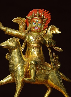藏传黄铜鎏金彩绘描脸骑兽金刚手佛像摆件居家堂供奉香案用品37㎝