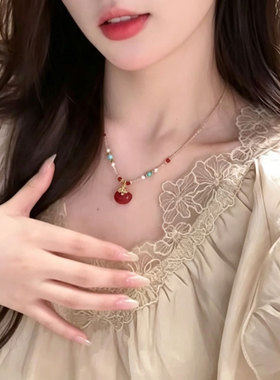 [相思豆]项链新款天然石红色小众颈链锁骨链
