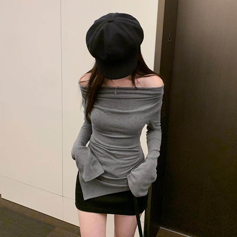 小众~设计感不规则长袖T恤女韩版春秋打底衫修身一字肩露肩上衣潮,淘宝优惠券,粉丝福利购,淘宝优惠卷
