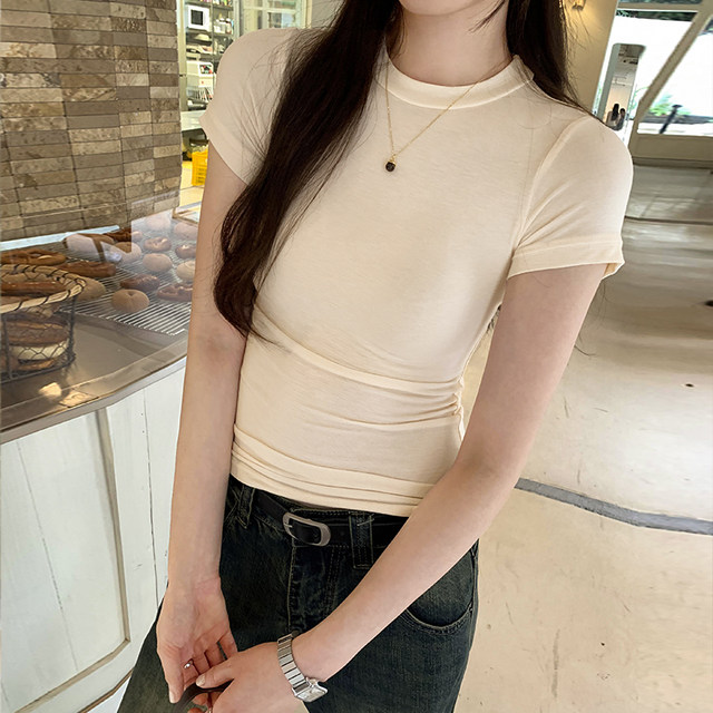 Small round neck sexy tight-fitting slimming slightly see-through short-sleeved top