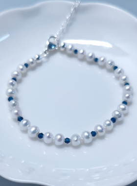 星海 天然淡水珍珠手链蓝宝石素圈中性情侣气质轻奢小众百搭H24