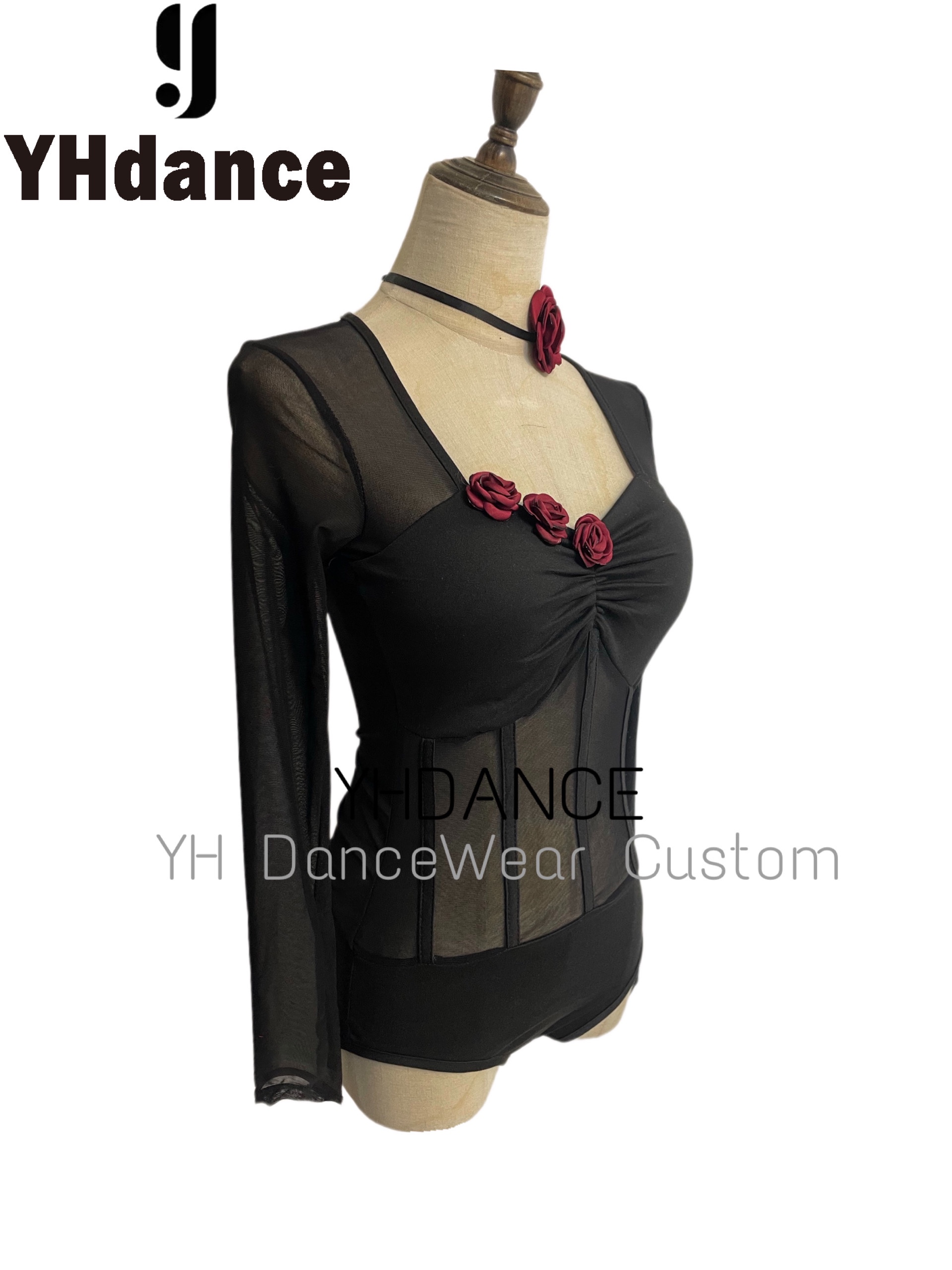 YHDANCE拉丁舞摩登练功服女网纱上衣舞服装性感连体衣带胸垫C152