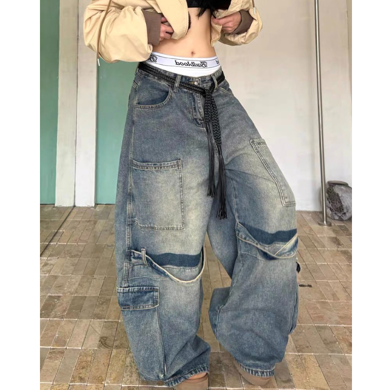 大码美式复古做旧拼接工装牛仔裤男女2025秋冬新款宽松弯刀阔腿裤 - 图2