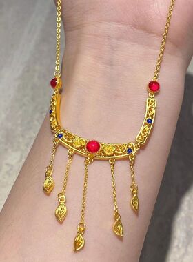 东方新中式宫廷风古法高温珐琅镂空花丝流苏项链女优雅气质高级感