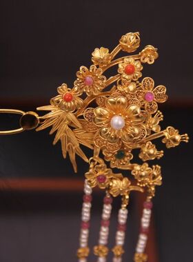 十二花神梅花簪铜镀金发簪步摇宫廷首饰汉服纯铜发簪复古首饰流苏