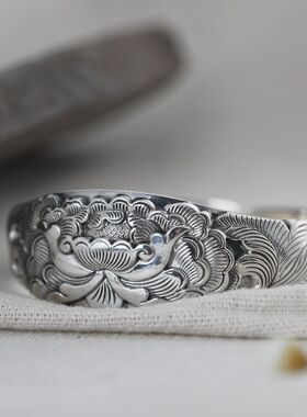 复古做旧工艺手镯女开口浮雕牡丹花宫廷旗袍银饰品