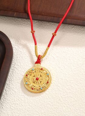 金店同款古法金珐琅花丝镂空八宝罗盘吊坠强保色编绳挂坠项链