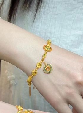 古法轻奢黄金色福满传家手链女新款小众珐琅半镯半链送女友