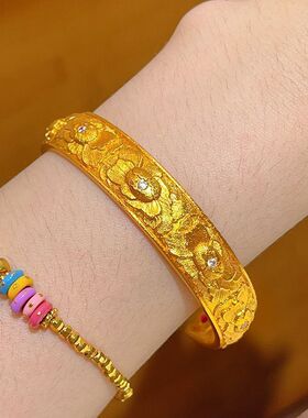 金店同款镀金点钻錾刻牡丹花手镯拉丝花朵开口镯子国风送女友礼物