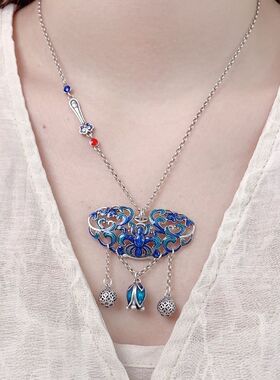 烧蓝滴胶工艺莲花流苏锁吊坠复古民族风蓝莲花民族风坠子