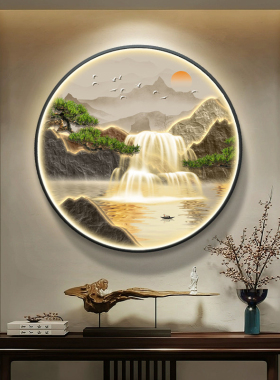 流水生财玄关装饰画高级圆形灯画