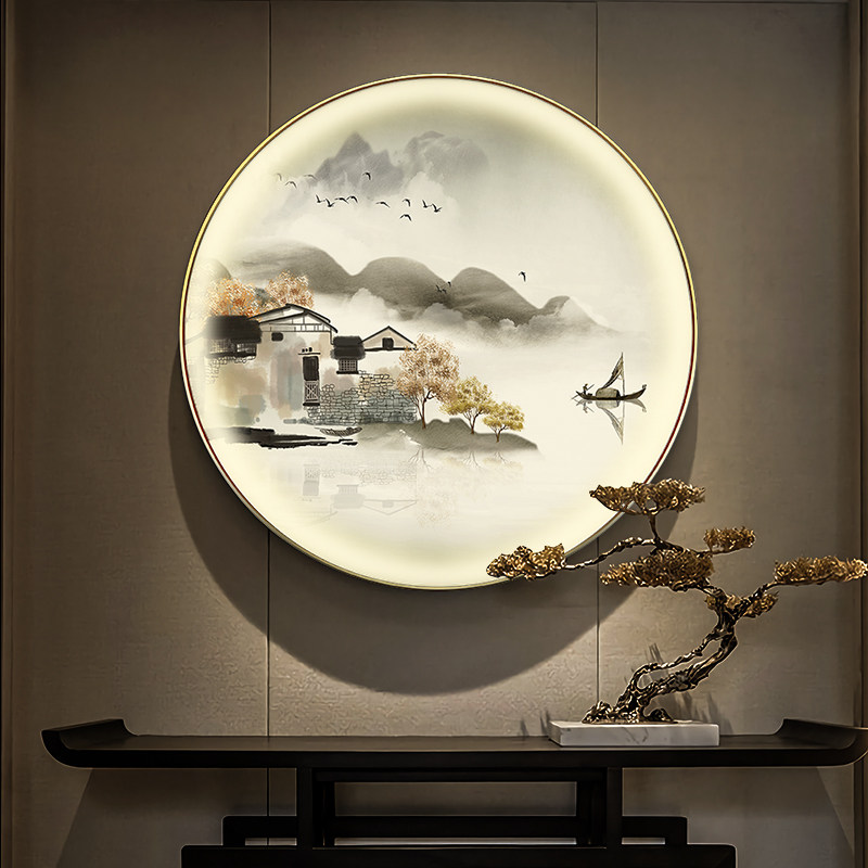 新中式入户玄关装饰画灯画圆形山水画客厅风景画走廊过道茶室挂画,淘宝优惠券,粉丝福利购,淘宝优惠卷