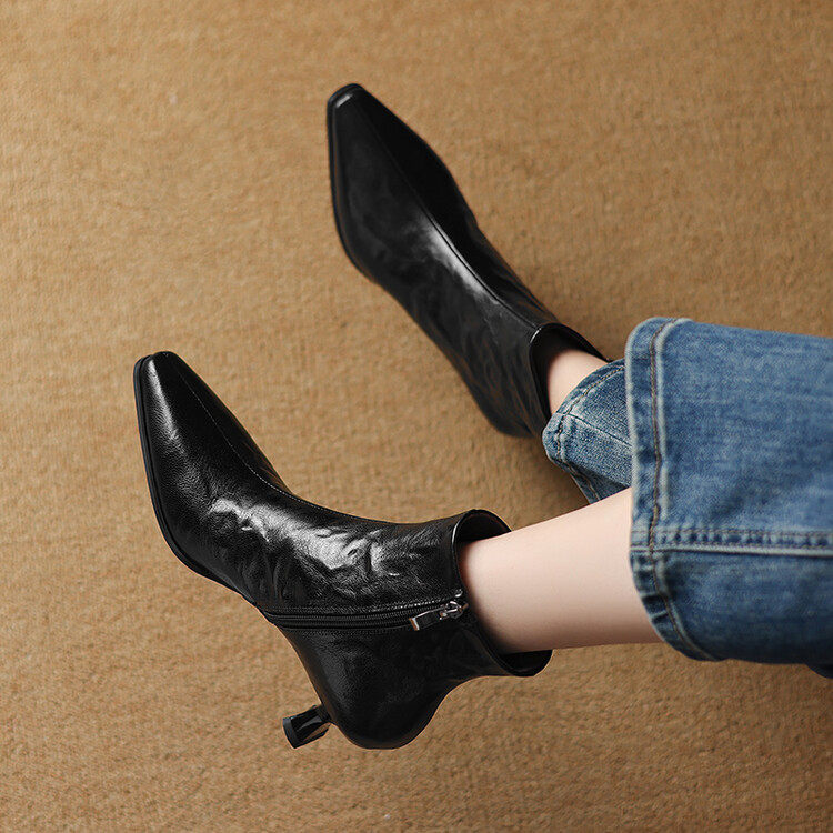 法式复古小方头猫跟气质羊皮及裸靴2024冬时尚气质简约舒适短筒靴,淘宝优惠券,粉丝福利购,淘宝优惠卷