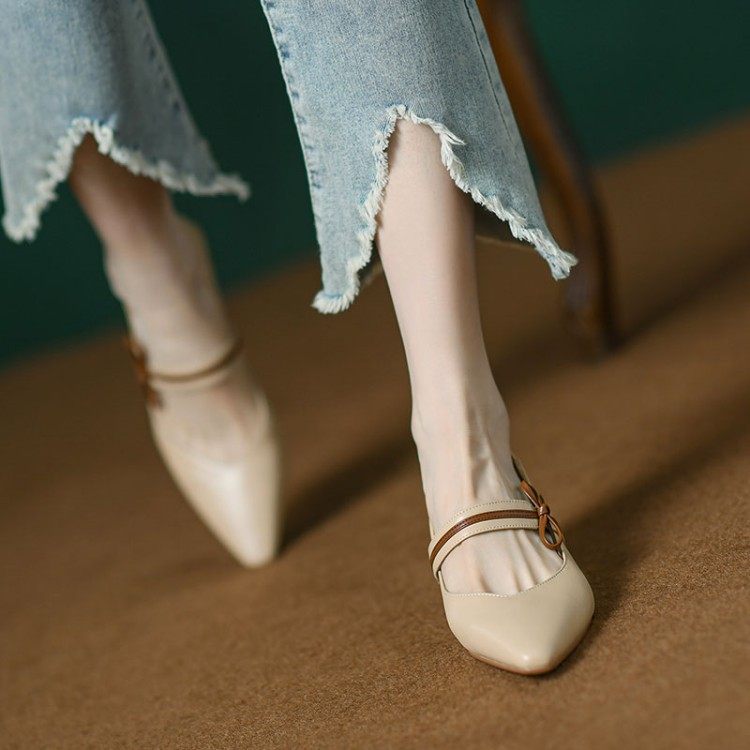 2023春秋款百搭拼色蝴蝶结玛丽珍单鞋细跟牛皮小方头中跟女鞋,淘宝优惠券,粉丝福利购,淘宝优惠卷