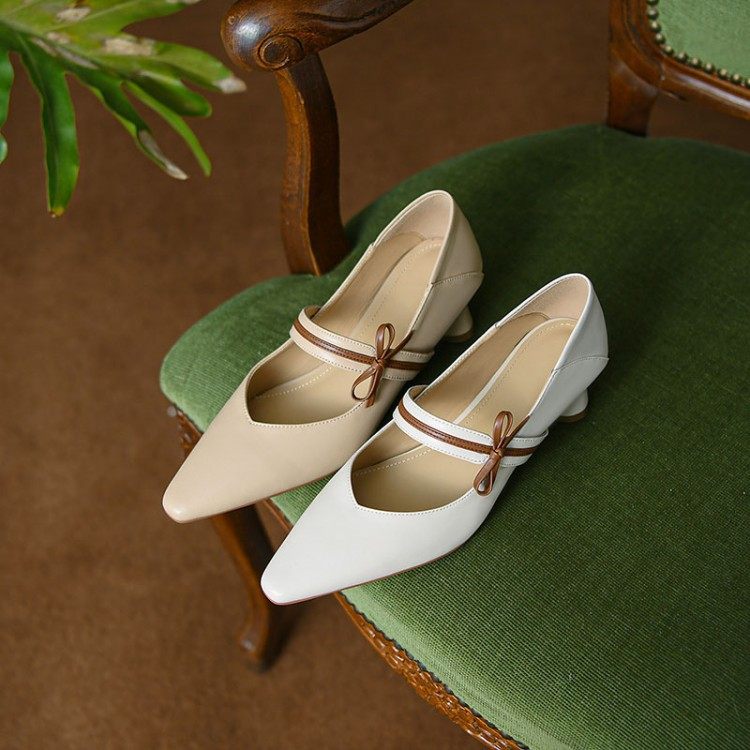 2023春秋款百搭拼色蝴蝶结玛丽珍单鞋细跟牛皮小方头中跟女鞋,淘宝优惠券,粉丝福利购,淘宝优惠卷