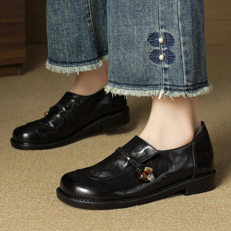 巨软~低跟真皮乐福鞋女新中式国潮小皮鞋深口休闲平底单鞋乐福鞋,淘宝优惠券,粉丝福利购,淘宝优惠卷