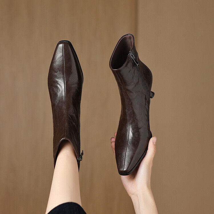 法式复古小方头猫跟气质羊皮及裸靴2024冬时尚气质简约舒适短筒靴,淘宝优惠券,粉丝福利购,淘宝优惠卷