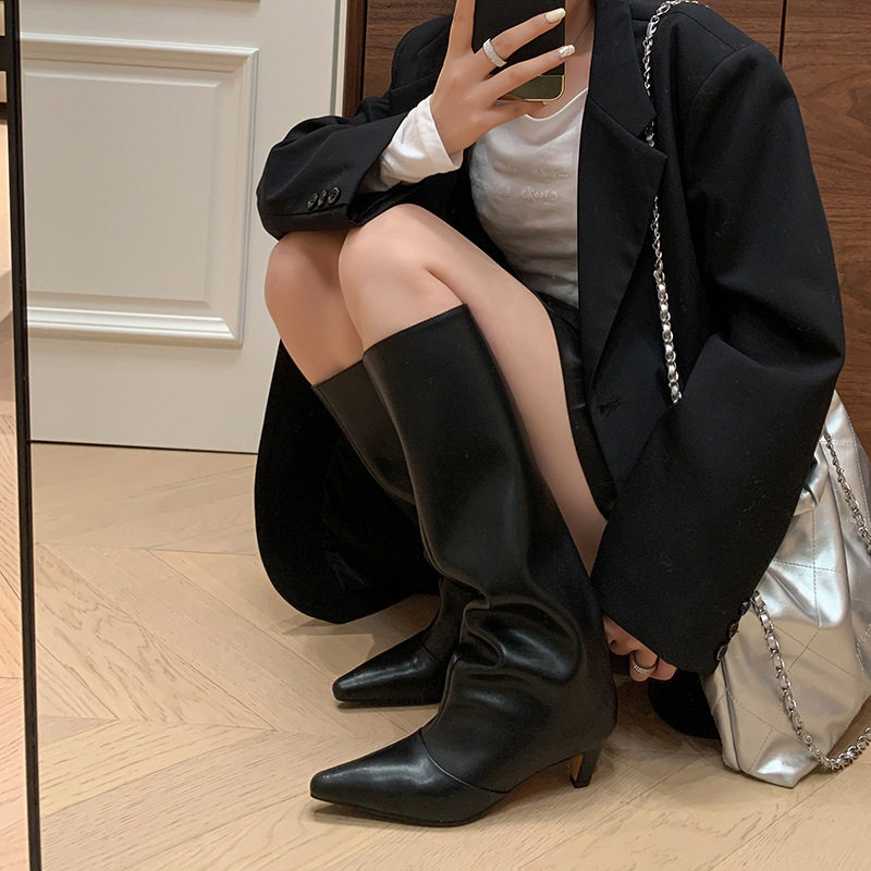 真皮法式复古尖头小猫跟裤腿裤管靴直筒丑丑靴平口宽筒高筒长靴女,淘宝优惠券,粉丝福利购,淘宝优惠卷