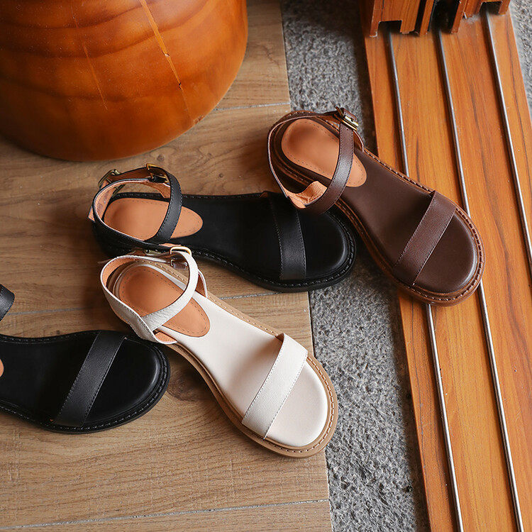2023夏季新款软底低跟复古风厚底百搭纯色一字带平底罗马凉鞋女夏,淘宝优惠券,粉丝福利购,淘宝优惠卷