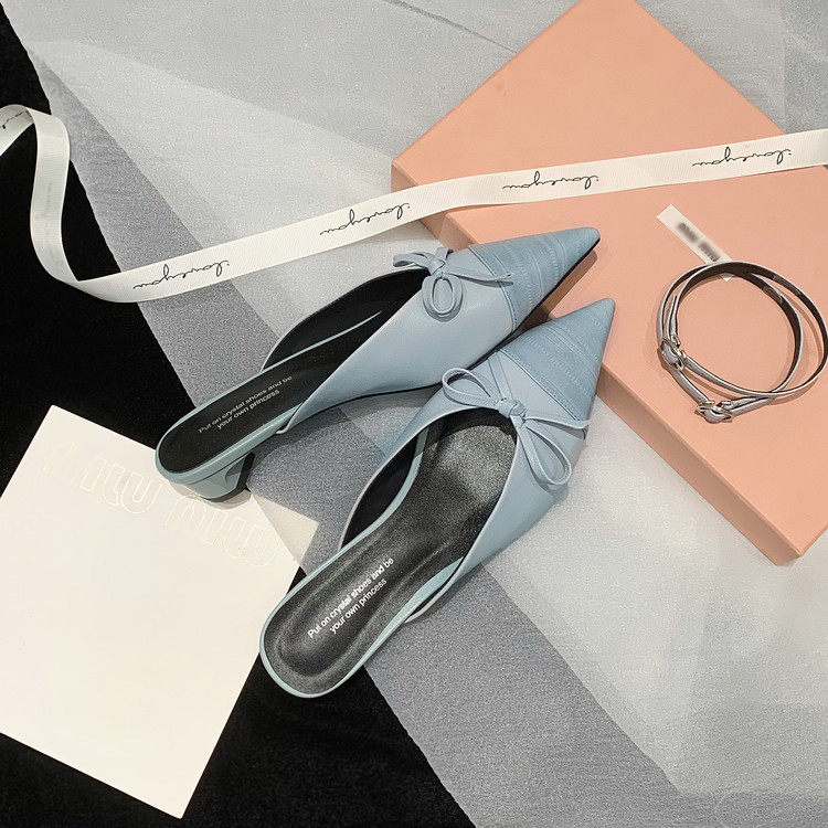 真皮版~法式小香风气质包头蝴蝶结尖头后空拖鞋女夏新款高跟鞋细,淘宝优惠券,粉丝福利购,淘宝优惠卷