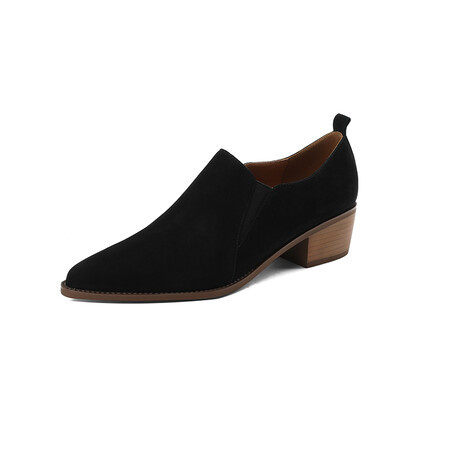 复古尖头粗跟短靴女2024新款秋冬及踝靴羊翻皮单鞋女深口中跟,淘宝优惠券,粉丝福利购,淘宝优惠卷