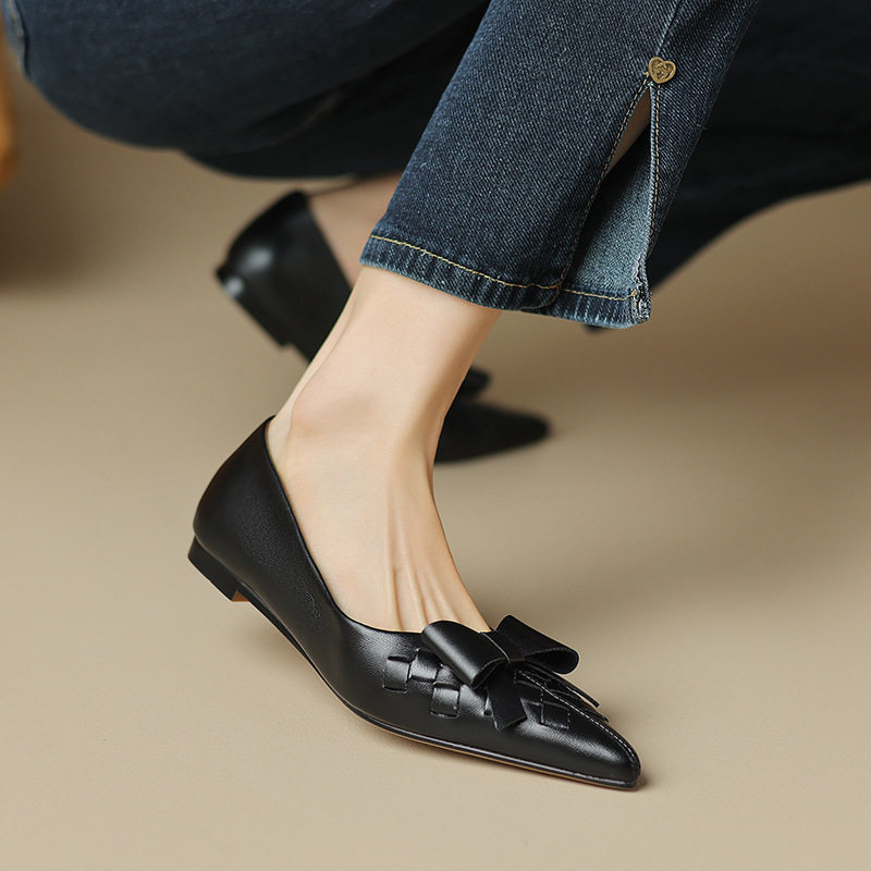 复古蝴蝶结尖头单鞋女粗跟2023夏新软皮真皮中跟豆豆鞋3cm,淘宝优惠券,粉丝福利购,淘宝优惠卷