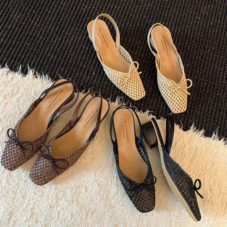 高跟单鞋女2025年新款春夏法式复古编织包头粗跟外穿后空罗马凉鞋,淘宝优惠券,粉丝福利购,淘宝优惠卷