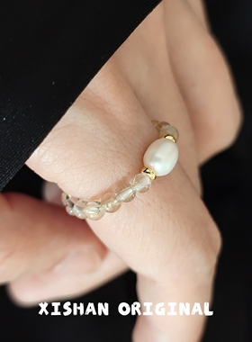 希山原创设计天然紫水超七珍珠戒指女可调节弹力高级感显贵送女友