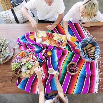 ຜ້າຫົ່ມແບບເມັກຊິກັນ Mexican party table runner tablecloth beach blanket woven tablecloth tassel blanket beach mat