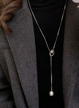 轻奢仿珍珠抽拉可调长款钛钢项链