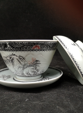 墨彩渔村瑞雪大盖碗三才仿古瓷器