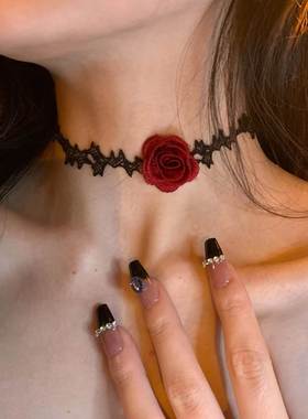 黑色蕾丝系带长款锁骨颈链酒红色编织玫瑰花朵脖子项圈绑绳