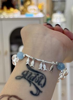 天然白水晶海蓝宝s925银手串