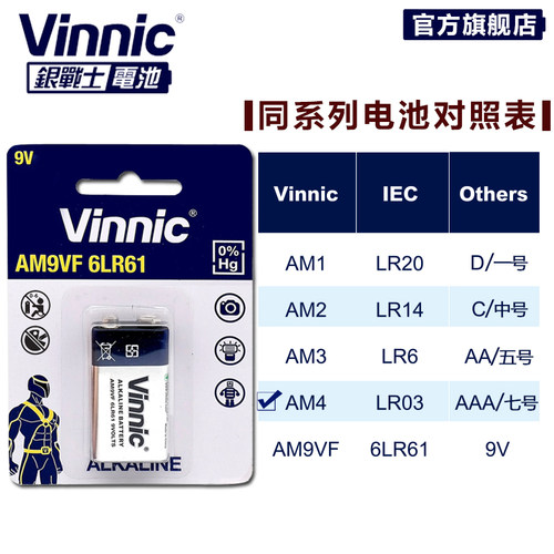 9v碱性电池vinnic电池万用表话筒麦克风叠层方块方形电池网线信号检测仪器烟雾报警器额头体温枪6LR61专用 - 图1