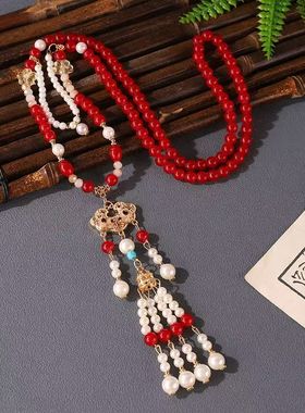 古风国潮正红长璎珞汉服项链长款流苏背云复古珍珠颈饰汉服配饰女