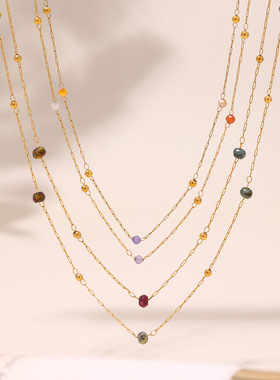 谜丽 法式浪漫不锈钢2mm天然石切面超细十字链手工串珠项链饰品女