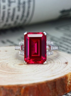 红宝石戒指女款长方形鸽血红女戒925纯银戒镀24K白金钻戒活口